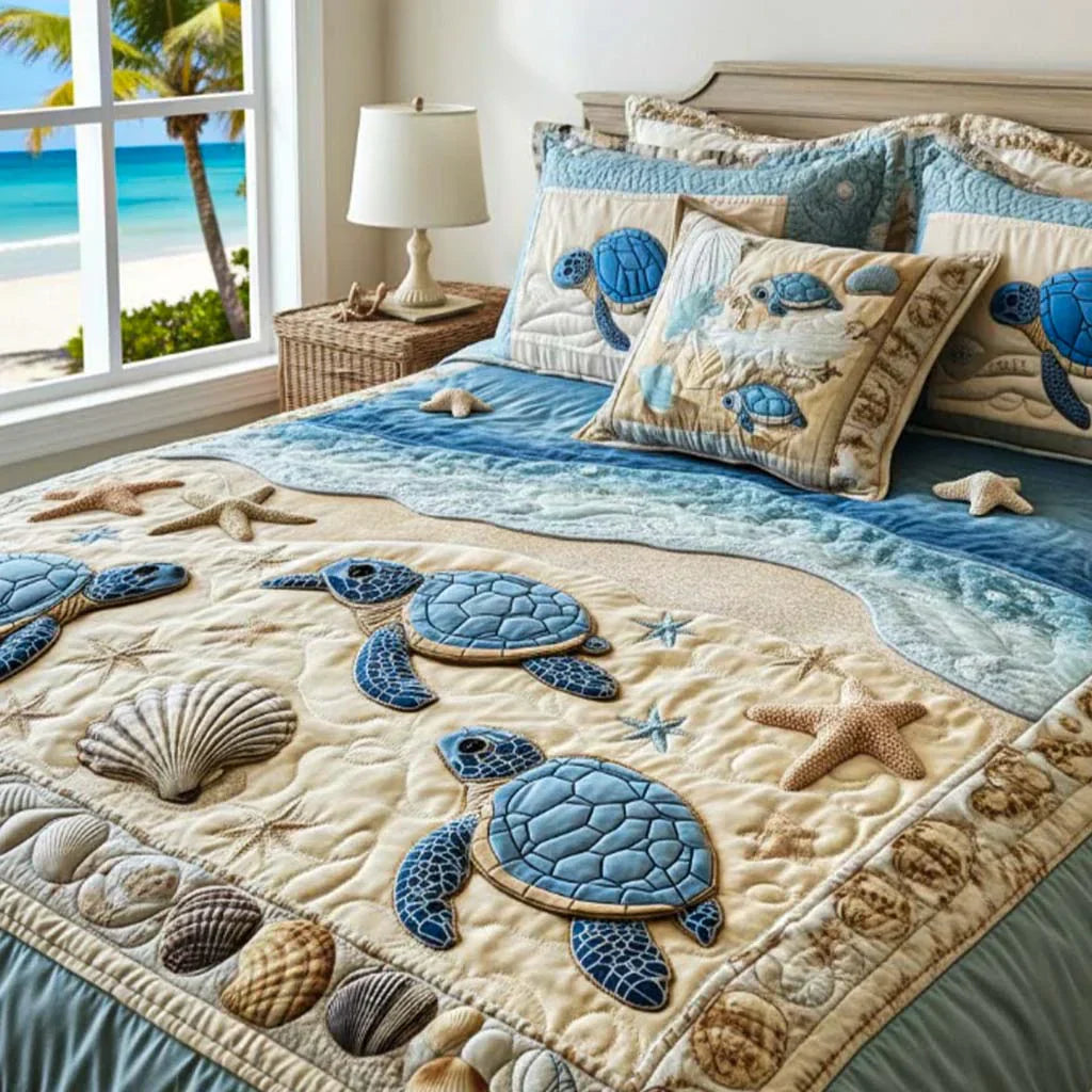 3-osainen tikattu vuodevaatesetti - Meren aallot