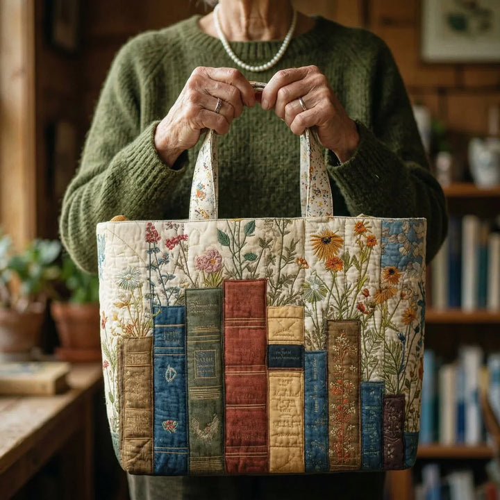 Käsityönä valmistettu tilkkulaukku - kirjat ja kukat